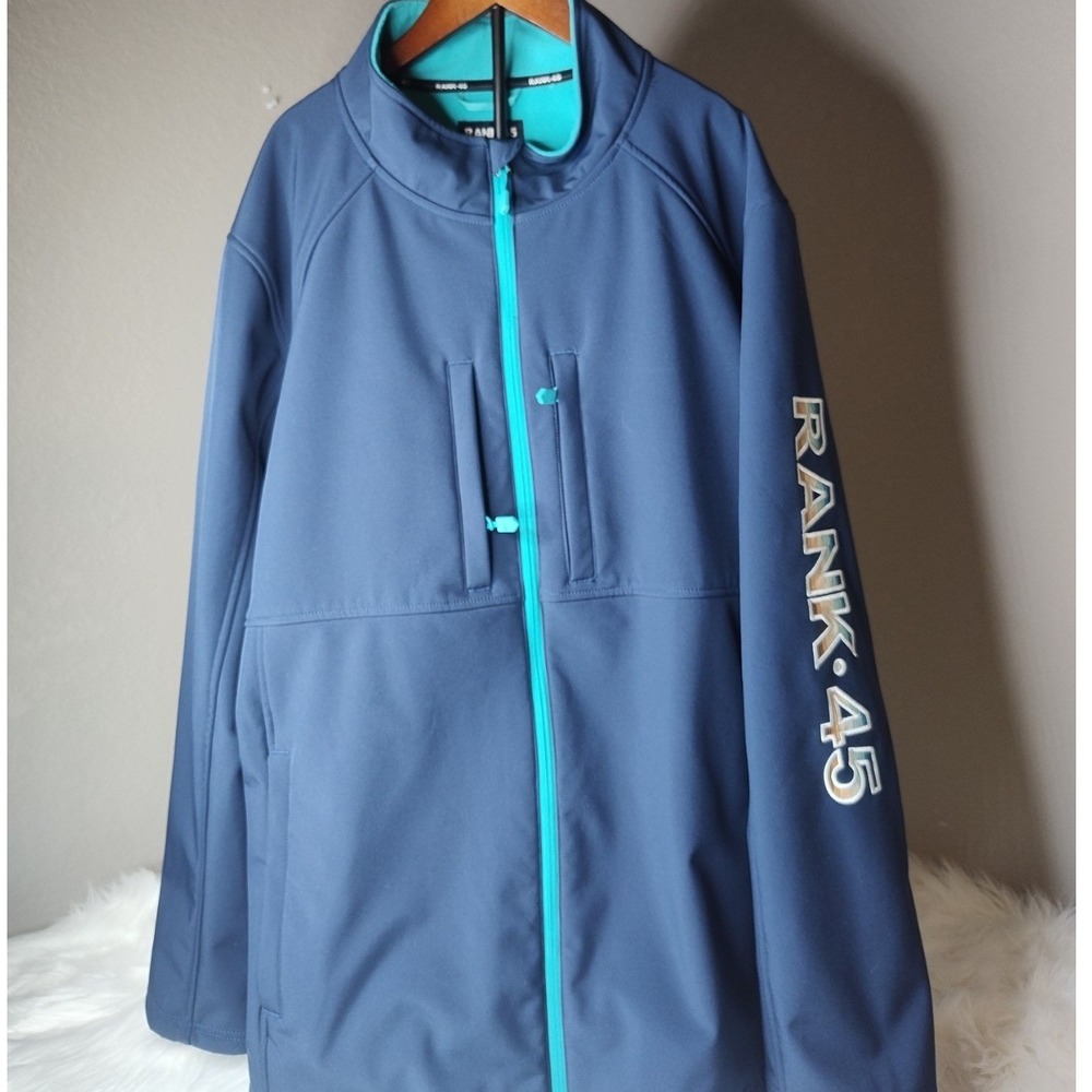 Rank 45 Softshell Jacket Mens XL Navy Blue Teal Embroidered Logo Full Zip Fleece